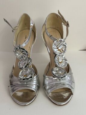 Silver Floral T-Strap High-Heel Sandals